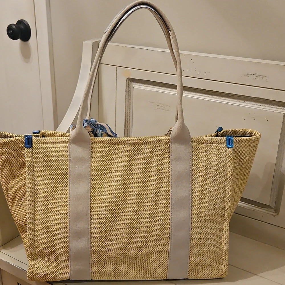 NEW Kurt Geiger Large Southbank Zip Top Shopper: Woven Beige W/ Blue Tones - Picture 4 of 10